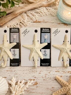 Coastal Starfish Wall Hooks Cream Decorative 3 Piece Set NEW
